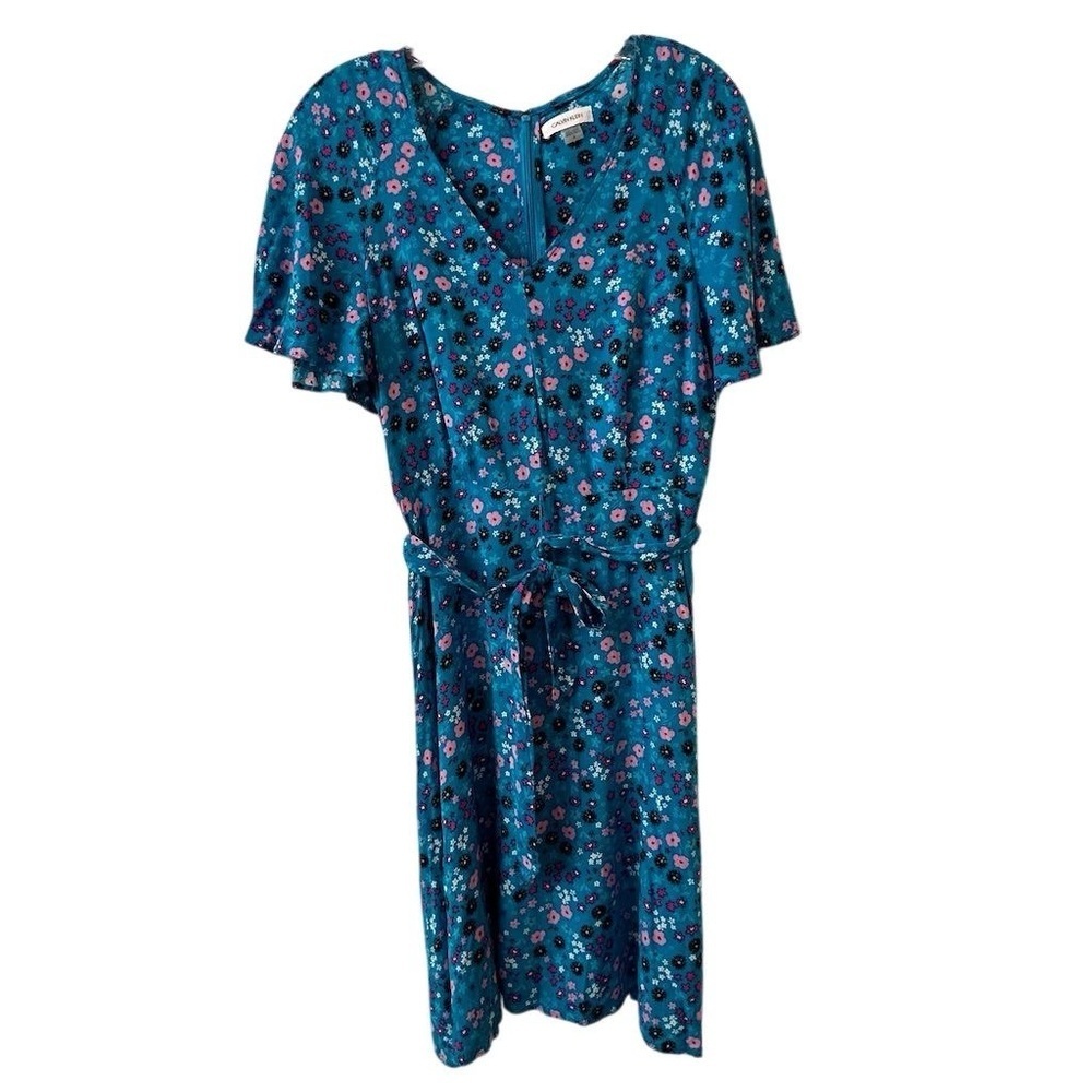 Calvin Klein Women's Size 8 Blue Ditsy Floral Knee‎ Length Dress V-Neck
